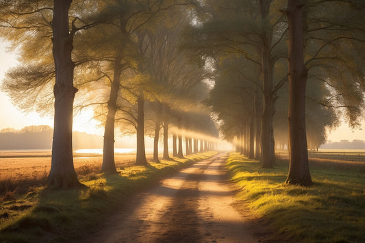 Bos met zonnestralen en wandelpaadje in Nederland